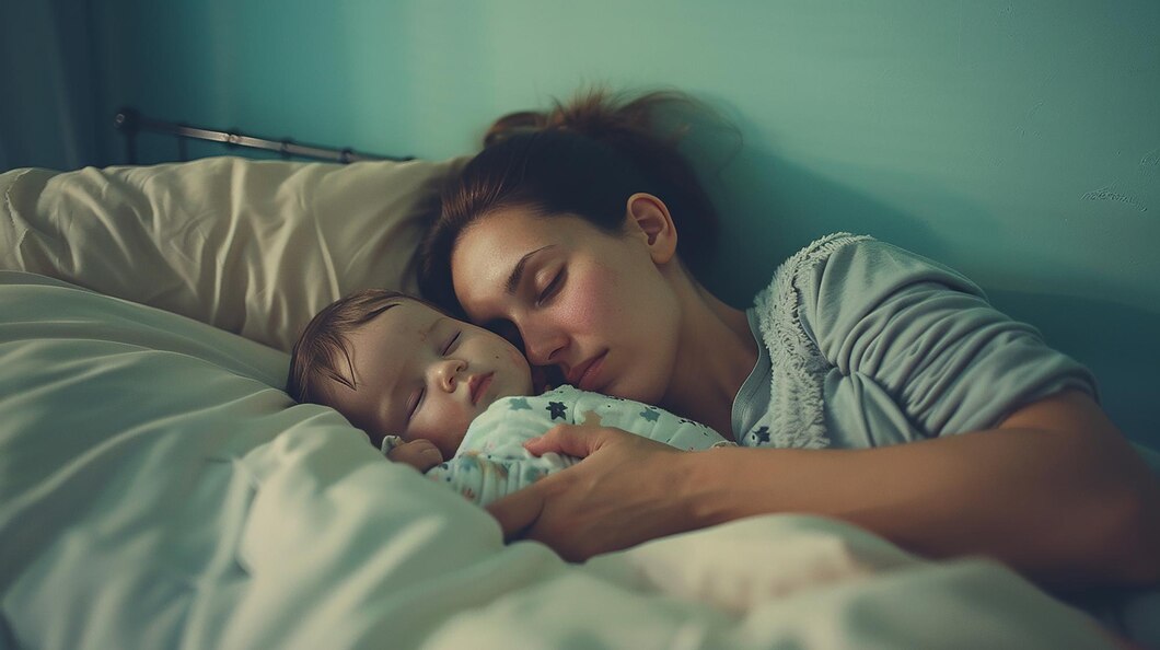 Loving mother and her sleeping infant