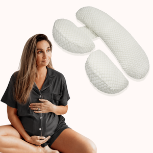 Charcoal maternity pyjamas paired with the white pregnancy pillow in the Sleepybelly Sweet Dreams Bundle