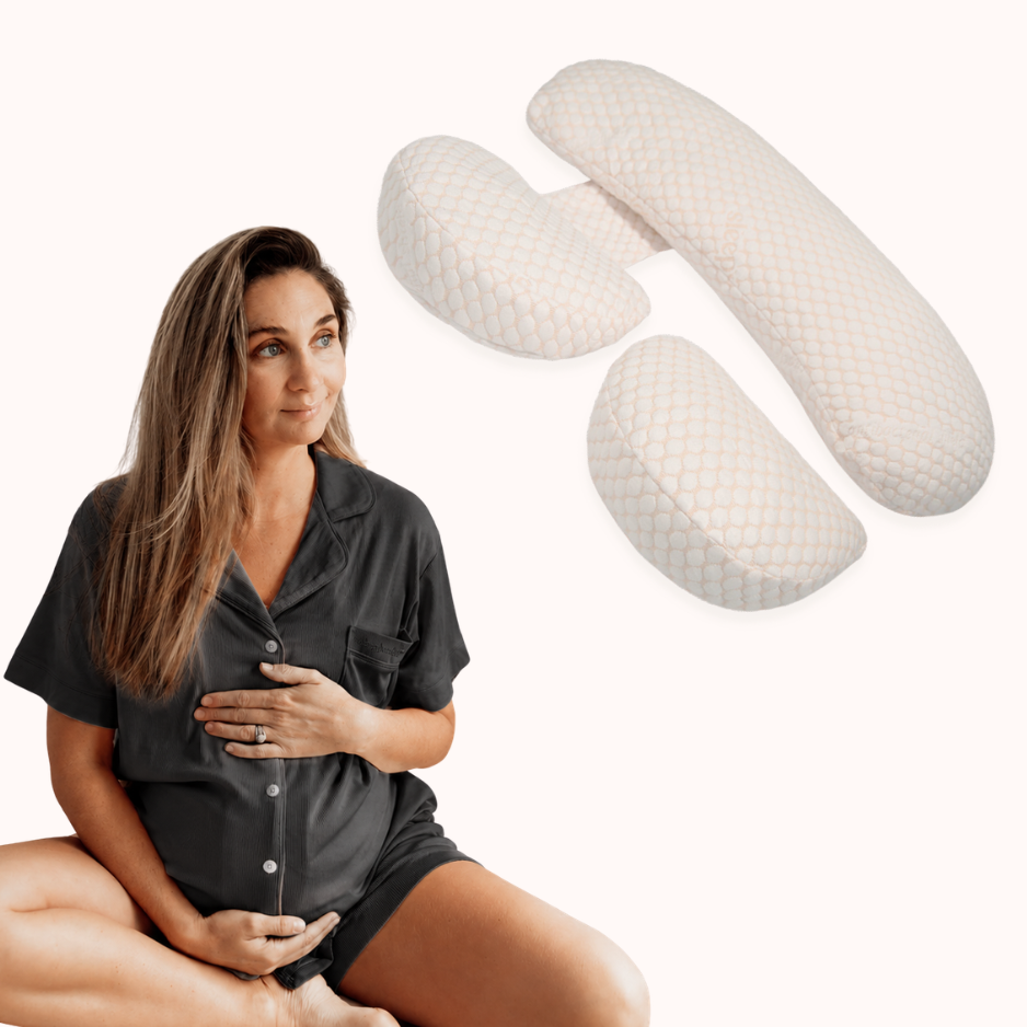 Charcoal maternity pyjamas paired with the nude pregnancy pillow in the Sleepybelly Sweet Dreams Bundle