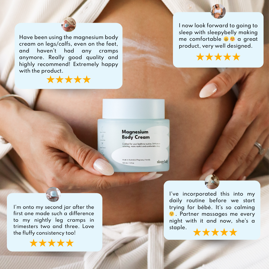 Five-star customer reviews surrounding a tub of Sleepybelly Magnesium Body Cream
